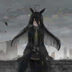 Rule 34 | 1girl, ahoge, animal ears, black coat, black gloves, black hair, black pantyhose, black shirt, black skirt, breath, brick wall, bridge, building, closed mouth, cloud, cloudy sky, coat, collared shirt, commentary request, dated, gloves, hair between eyes, highres, horse ears, horse girl, inuyama tarou, leaf, long sleeves, manhattan cafe (umamusume), necktie, open clothes, open coat, outdoors, pantyhose, pleated skirt, shirt, signature, skirt, sky, skyscraper, smile, solo, umamusume, yellow eyes, yellow necktie