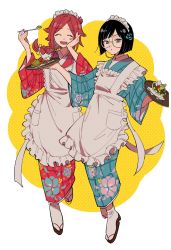 Rule 34 | 2girls, ^ ^, aoi (yooo009), apron, black hair, blue eyes, blush, braid, braided ponytail, closed eyes, food, full body, glasses, hand up, highres, holding, holding spoon, holding tray, japanese clothes, kimono, kunichika yuu, long hair, long sleeves, looking at viewer, maid apron, maid headdress, mikami kaho, multiple girls, open mouth, parted bangs, red hair, red kimono, sandals, short hair, single braid, smile, socks, spoon, tray, wide sleeves, world trigger