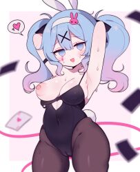 Rule 34 | 1girl, ace (playing card), ace of hearts, aliceyawnin, animal ears, armpits, bare shoulders, black leotard, black pantyhose, black ribbon, blue eyes, blue hair, border, breasts, cameltoe, card, cleft of venus, clothing cutout, fake animal ears, gradient hair, hair ornament, hairband, hatsune miku, heart, heart cutout, highres, leotard, light blush, looking at viewer, medium breasts, multicolored hair, navel, nipples, one breast out, open mouth, pantyhose, pink background, pink hair, playboy bunny, playing card, puffy nipples, rabbit ears, rabbit hair ornament, rabbit hole (vocaloid), ribbon, smile, solo, spoken heart, sweat, teardrop facial mark, twintails, vocaloid, white border, white hairband, x hair ornament