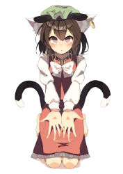 Rule 34 | 1girl, :o, absurdres, animal ear fluff, animal ear piercing, animal ears, barefoot, blush, bow, brown hair, cat ears, cat girl, cat tail, chen, china dress, chinese clothes, commentary request, double-parted bangs, dress, full body, green hat, hair between eyes, hat, highres, kneeling, long sleeves, looking at viewer, medium hair, mob cap, multiple tails, open hands, open mouth, red dress, seika okawari, shirt, simple background, solo, straight-on, tail, touhou, two tails, upturned eyes, v arms, white background, white bow, white shirt