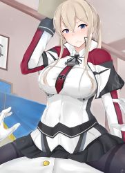Rule 34 | 10s, 1boy, 1girl, absurdres, admiral (kancolle), arm up, black gloves, black pantyhose, black ribbon, black skirt, blonde hair, blue eyes, blush, breasts, buttons, capelet, celtic knot, closed mouth, collared jacket, commentary request, cross, from below, frown, gloves, graf zeppelin (kancolle), hair between eyes, hands up, high collar, highres, holding, indoors, iron cross, jacket, kantai collection, large breasts, long hair, long sleeves, looking at viewer, lying, maruyaa (malya1006), military, military uniform, miniskirt, neck ribbon, necktie, no headwear, nose blush, on back, pantyhose, pleated skirt, pov, red necktie, ribbon, sidelocks, signature, sitting, sitting on person, skirt, solo focus, straddling, tears, thighband pantyhose, twintails, uniform, white capelet, white gloves, white jacket
