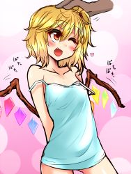 Rule 34 | 1girl, alternate costume, arms behind back, bare shoulders, blonde hair, blush, chemise, collarbone, fang, female focus, flandre scarlet, flapping, flat chest, hair bobbles, hair ornament, head pat, heart, highres, looking up, off shoulder, one eye closed, open mouth, headpat, pink background, red eyes, roki (hirokix), side ponytail, smile, solo focus, strap slip, touhou, wings, wink