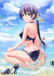 Rule 34 | 1girl, ass, back, bare legs, barefoot, beach, bikini, blue sky, blush, braid, braided ponytail, cloud, dated, day, feet, frilled bikini, frills, green eyes, hair ribbon, high heels, long hair, looking at viewer, looking back, ocean, original, outdoors, partially submerged, purple hair, ribbon, sandals, unworn sandals, shallow water, shoes, unworn shoes, signature, single braid, sitting, sky, smile, soles, solo, swimsuit, toes, water, zhen lu