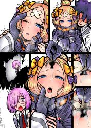Rule 34 | 1boy, 2girls, abigail williams (fate), abigail williams (traveling outfit) (fate), bandaid, bandaid on face, bandaid on forehead, black gloves, black hair, black jacket, blonde hair, blue eyes, blush, bow, chaldea uniform, crossed bandaids, fate/grand order, fate (series), fujimaru ritsuka (male), glasses, gloves, hair bow, hair bun, hair over one eye, highres, jacket, keyhole, light purple hair, mash kyrielight, multiple girls, multiple hair bows, nazo no diaboro, one eye closed, open mouth, orange bow, parted bangs, polka dot, polka dot bow, removing bandaid, short hair, single hair bun, sleeves past fingers, sleeves past wrists, steaming body, surprised, sweat, textless version