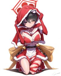 Rule 34 | 1girl, absurdres, bell, belt, black hair, blue archive, blush, boots, breasts, capelet, christmas, christmas ornaments, closed mouth, crop top, crop top overhang, elbow gloves, fur-trimmed hood, fur trim, gloves, halo, highres, hood, hooded capelet, jingle bell, kneeling, large breasts, red capelet, red footwear, red gloves, santa costume, short hair, simple background, skirt, solo, sweatdrop, tsubaki (blue archive), white background, yo na