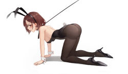 Rule 34 | 1girl, all fours, animal ears, bdsm, black footwear, black leotard, black pantyhose, breasts, brown eyes, brown hair, bubble (pixiv51545000), chinese commentary, collar, commentary request, fake animal ears, fake tail, from side, full body, hair ornament, hairclip, high heels, highres, higuchi madoka, idolmaster, idolmaster shiny colors, leash, leotard, looking at viewer, medium breasts, medium hair, open mouth, paid reward available, pantyhose, pet play, playboy bunny, pumps, rabbit ears, rabbit tail, simple background, slave, solo, strapless, strapless leotard, tail, white background, wrist cuffs
