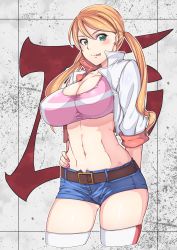 Rule 34 | 1girl, :p, abs, belt, blonde hair, blush, breasts, cleavage, cleavage cutout, clothing cutout, cropped jacket, earrings, female focus, green eyes, gundam, gundam tekketsu no orphans, hand on own hip, heart, heart earrings, highres, jewelry, kisaragi yuki, lafter frankland, large breasts, long hair, looking at viewer, midriff, nail polish, navel, shiny skin, short shorts, shorts, skindentation, smile, solo, sports bra, standing, taut clothes, thighhighs, tongue, tongue out, twintails