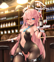 Rule 34 | 1girl, absurdres, alternate costume, bar (place), blue archive, blurry, blurry background, blush, bottle, breasts, collarbone, commentary request, cup, drinking glass, fang, hair between eyes, halo, heterochromia, highres, hoshino (blue archive), huge filesize, leotard, navel, necktie, nekodama2000, open mouth, pantyhose, pink hair, playboy bunny, pouch, small breasts, solo, thigh pouch, wine bottle, wine glass