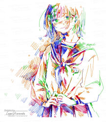 Rule 34 | 1girl, artist name, closed mouth, colorful, commentary request, crying, crying with eyes open, highres, long sleeves, looking at viewer, medium hair, name tag, neckerchief, original, own hands together, pleated skirt, sailor collar, sailor shirt, school uniform, serafuku, shirt, simple background, skirt, standing, tears, traditional media, upper body, watanabe tomari, watermark, white background