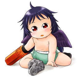 Rule 34 | 1girl, aged down, arm cannon, asymmetrical footwear, baby, bare legs, bird wings, blush, chinon, concept art, diaper, female focus, long hair, looking at viewer, mismatched footwear, open mouth, purple hair, red eyes, reiuji utsuho, simple background, sitting, solo, topless, touhou, weapon, white background, wings