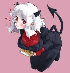 Rule 34 | 1girl, black horns, black jacket, black pants, black tail, blazer, blush, book, breasts, demon girl, demon horns, demon tail, heart, heart-shaped eyes, helltaker, horns, jacket, kneeling, large breasts, looking at viewer, modeus (helltaker), oioidaddy, pants, pink background, red eyes, red sweater, ribbed sweater, sweater, tail, thighs, wavy mouth, white hair