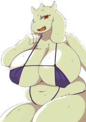 Rule 34 | artist request, belly, bikini, breasts, furry, gigantic breasts, goat, mature female, open mouth, plump, red eyes, swimsuit, toriel, undertale