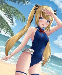 Rule 34 | 1girl, adapted costume, azur lane, bare arms, bare shoulders, beach, blonde hair, blue eyes, blue one-piece swimsuit, blue sky, breasts, cloud, contrapposto, covered navel, cowboy shot, day, dead or alive, dead or alive 5, dead or alive xtreme, dutch angle, frilled one-piece swimsuit, frilled swimsuit, frills, gothic lolita, highleg, highleg swimsuit, highres, horizon, lolita fashion, long hair, marie rose, marie rose (devilish servant against the splashing waves), namako32, ocean, one-piece swimsuit, outdoors, sideboob, sky, small breasts, solo, swimsuit, tecmo, thighs, twintails