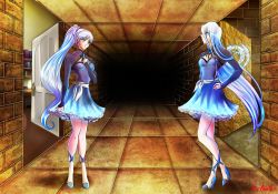 Rule 34 | 2girls, alter ego, blue eyes, commission, crossover, dress, egypt, eye contact, highres, indoors, kisara (yu-gi-oh!), long hair, looking at another, multiple girls, rwby, standing, weiss schnee, white hair, yu-gi-oh!, zelka94