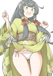 Rule 34 | 1girl, 1other, ahoge, akara kai, black hair, commission, cowboy shot, disembodied hand, furisode, green kimono, grey eyes, hair ribbon, hair tubes, highres, japanese clothes, kantai collection, kimono, long hair, low-tied long hair, mizuho (kancolle), official alternate costume, open mouth, panties, ribbon, round teeth, side-tie panties, sidelocks, teeth, underwear, upper teeth only, very long hair, w arms
