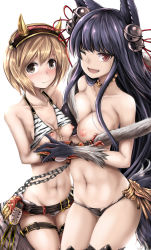 Rule 34 | 10s, 2girls, ;d, alternate costume, animal ears, animal hands, animal print, bare arms, bare legs, bare shoulders, bell, belt, bikini, bikini top lift, black bikini, black hair, blonde hair, breast press, breasts, breasts out, brown eyes, chain, cleavage, closed mouth, clothes lift, collarbone, crossover, djeeta (granblue fantasy), erune, fake horns, fang, female focus, granblue fantasy, highres, horns, hug, jewelry, jingle bell, large breasts, legs, long hair, looking at viewer, midriff, multiple girls, navel, neck, necklace, nipples, ogre (granblue fantasy), one breast out, one eye closed, open mouth, red eyes, shimo (depthbomb), shingeki no bahamut, short hair, sidelocks, simple background, small breasts, smile, standing, swimsuit, tail, thigh strap, thighhighs, tiger print, undressing, very long hair, wavy mouth, wink, yuel (granblue fantasy), yuel (shingeki no bahamut), yuri, zebra print
