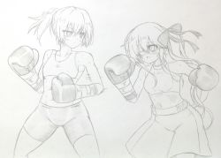 Rule 34 | 10s, 2girls, abyssal ship, alternate costume, bike shorts, boxing, boxing gloves, boxing shorts, bruise, character request, commentary request, destroyer princess, greyscale, injury, kantai collection, monochrome, motion blur, multiple girls, ponytail, shiranui (kancolle), short hair, shorts, sports bra, traditional media, tyatyasaburou, wince