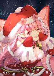 Rule 34 | 1girl, atoatto, dress, fairy wings, fire emblem, fire emblem heroes, fur trim, hat, long hair, looking at viewer, mirabilis (fire emblem), mirabilis (winter) (fire emblem), nintendo, official alternate costume, open mouth, pink eyes, pink hair, pointy ears, red dress, red hat, ribbon, santa hat, signature, sky, sleeves past fingers, sleeves past wrists, solo, star (sky), starry sky, upper body, very long hair, wings