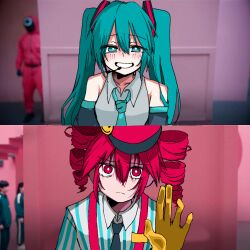 2girls bare_shoulders black_necktie blue_eyes blue_hair blue_necktie blush closed_mouth collarbone collared_shirt detached_sleeves gloves grey_shirt hair_between_eyes hair_ornament hand_up hat hatsune_miku highres himatubusiniki kasane_teto long_hair long_sleeves looking_at_viewer meme mesmerizer_(vocaloid) microphone multiple_girls necktie red_eyes red_hair red_hat shirt short_hair sidelocks sleeveless sleeveless_shirt smile squid_game squid_game striped_clothes striped_shirt teeth twintails upper_body utau vocaloid white_shirt worker_(squid_game) year_1_&amp;_year_2_(squid_game)_(meme) yellow_gloves