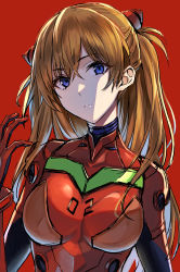 Rule 34 | 1girl, absurdres, blue eyes, bodysuit, breasts, brown hair, closed mouth, facing viewer, gloves, hand up, head tilt, highres, hotate-chan, interface headset, long hair, looking at viewer, medium breasts, neon genesis evangelion, plugsuit, red background, red bodysuit, red gloves, shiny clothes, simple background, solo, souryuu asuka langley, twintails, two side up, upper body