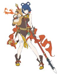 Rule 34 | 1girl, bare legs, blue hair, brown dress, dress, fire, genshin impact, guoba (genshin impact), highres, holding, holding polearm, holding weapon, multicolored clothes, multicolored dress, polearm, pyrokinesis, side slit, simple background, smile, solo, spear, standing, uaaaou, weapon, white background, xiangling (genshin impact), yellow dress, yellow eyes