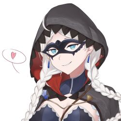 Rule 34 | absurdres, ahoge, archfiend0, blue bodysuit, blue brooch, blue eyes, bodysuit, braid, breasts, cape, chain, commission, commissioner upload, crystal earrings, earrings, eye mask, fire emblem, fire emblem fates, fire emblem heroes, gold chain, heart, highres, hood, hood up, hooded cape, jewelry, leather, long hair, looking at viewer, low twin braids, medium breasts, nina (fire emblem), nina (thief) (fire emblem), nintendo, non-web source, official alternate costume, parted bangs, portrait, skin tight, smile, speech bubble, turtleneck, twin braids, white background