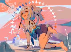 Rule 34 | 1girl, absurdres, all fours, bare shoulders, barefoot, blue hair, float-dian, griseo, griseo (starry impression), highres, holding, holding brush, honkai (series), honkai impact 3rd, light blue hair, looking to the side, open mouth, paintbrush, psychedelic, soles, solo, swimsuit