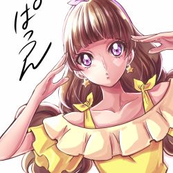 Rule 34 | 1girl, amanogawa kirara, bare shoulders, brown hair, curious, earrings, eyelashes, go! princess precure, hair ornament, hairband, highres, jewelry, long hair, looking at viewer, precure, purple eyes, sharumon, shirt, simple background, sketch, solo, star (symbol), star earrings, translation request, twintails, white background, yellow shirt