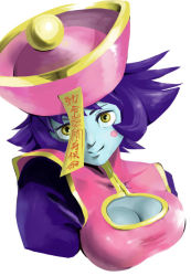 Rule 34 | 1girl, aqua skin, bad id, bad pixiv id, blush stickers, bttfghn, chinese clothes, cleavage cutout, closed mouth, clothing cutout, commentary, commentary request, flipped hair, jiangshi, lei lei, lips, looking at viewer, ofuda, purple hair, simple background, smile, solo, upper body, vampire (game), white background, yellow eyes
