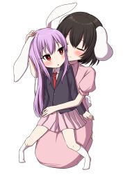 Rule 34 | 2girls, :o, aged down, aged up, alternate height, animal ears, arm around waist, black hair, blush, bright pupils, closed eyes, commentary request, dress, dress shirt, hair between eyes, hand on another&#039;s head, headpat, high collar, highres, inaba tewi, jacket, light purple hair, long hair, long sleeves, looking at another, looking back, motherly, multiple girls, necktie, no shoes, pink dress, pink skirt, pleated skirt, puffy short sleeves, puffy sleeves, rabbit ears, rabbit girl, rabbit tail, red eyes, red neckwear, reisen udongein inaba, role reversal, shirt, short hair, short sleeves, simple background, sitting, sitting on lap, sitting on person, skirt, smile, suit jacket, tail, touhou, tsukimirin, very long hair, white background, white legwear, white pupils, white shirt