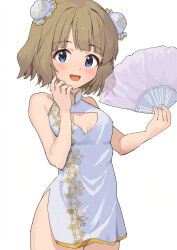 Rule 34 | 1girl, blue eyes, breasts, brown hair, china dress, chinese clothes, cleavage, commentary, cowboy shot, dot nose, double bun, dress, ebifu, floral print, hair bun, hand fan, hand up, hat, highres, holding, holding fan, idolmaster, idolmaster million live!, light blush, looking at viewer, medium hair, mob cap, open mouth, side slit, sidelocks, sleeveless, sleeveless dress, small breasts, smile, solo, suou momoko, thighs, white background, white dress