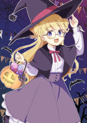 Rule 34 | 1girl, arm up, blonde hair, blue eyes, blunt bangs, candy, clinger (shadows house), emilico (shadows house), food, halloween, halloween bucket, hat, hato no12, highres, holding, jack-o&#039;-lantern, long hair, long sleeves, neck ribbon, open mouth, purple skirt, red ribbon, ribbon, round eyewear, shadows house, shirt, skirt, smile, solo, sweets, two side up, white shirt, witch hat