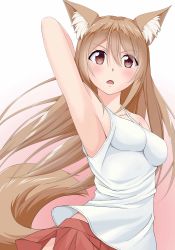 Rule 34 | 1girl, absurdres, animal ears, arm at side, arm behind head, arm up, armpits, bare shoulders, blush, breasts, brown eyes, brown hair, fox ears, fox girl, fox tail, gradient background, hair between eyes, highres, juoto, long hair, looking at viewer, medium breasts, open mouth, original, pleated skirt, red skirt, shirt, skirt, sleeveless, solo, standing, tail, taut clothes, taut shirt, white shirt