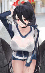Rule 34 | 1girl, absurdres, arm up, black bra, black hair, black wings, blue archive, blue jacket, blue shorts, blurry, blurry background, blush, bra, breasts, choker, commentary request, depth of field, gym uniform, hair between eyes, halo, hasumi (blue archive), hasumi (track) (blue archive), highres, jacket, large breasts, large wings, leaning forward, long hair, long sleeves, looking at viewer, mole, mole under eye, open clothes, open jacket, ponytail, red eyes, see-through, shirt, shorts, sleeves past wrists, solo, standing, underwear, very long hair, wet, wet clothes, white shirt, wings, zhudouzi
