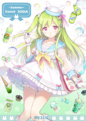 Rule 34 | 1girl, animal ears, bag, bloomers, blush, bottle, bow, braid, bubble, blowing bubbles, bubble wand, can, cocorip, collarbone, cupcake, dixie cup hat, dress, drink can, earrings, english text, food, frilled dress, frilled gloves, frills, gloves, green hair, hair ornament, hairclip, handbag, hat, ice cream, ice cream cone, jewelry, korean text, liquid, long hair, long sleeves, looking at viewer, macaron, military hat, milk carton, one side up, open mouth, original, pink eyes, rabbit ears, sailor dress, sailor hat, see-through, side braid, side ponytail, soda, soda bottle, soda can, solo, text focus, underwear, upskirt, white dress, white gloves, yellow bow