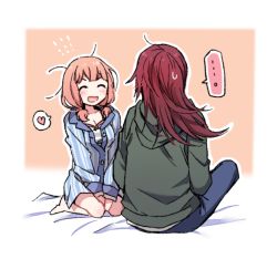 Rule 34 | ..., 2girls, :d, ^ ^, bang dream!, between legs, blue pajamas, blue pants, blush, breasts, cleavage, closed eyes, green jacket, hand between legs, heart, hood, hood down, jacket, long hair, long sleeves, looking at another, low twintails, messy hair, multiple girls, on bed, open mouth, outline, pajamas, pants, pink hair, re ghotion, red hair, shirt, sitting, smile, spoken ellipsis, spoken heart, striped clothes, striped shirt, sweatdrop, twintails, udagawa tomoe, uehara himari, vertical-striped clothes, vertical-striped shirt, white outline, yuri