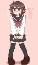 Rule 34 | 1girl, arrow (symbol), black sailor collar, black skirt, black thighhighs, blush, brown eyes, brown footwear, brown hair, clenched teeth, collarbone, controller, embarrassed, female focus, flat chest, heart, highres, japanese text, long sleeves, miniskirt, neckerchief, nose blush, original, own hands together, parted lips, pigeon-toed, pink background, pleated skirt, ponnu (tnpn2yw), red neckerchief, remote control, remote control vibrator, sailor collar, sex toy, shirt, shoes, short hair, simple background, skirt, solo, speech bubble, spoken heart, surprised, teeth, thighhighs, translation request, trembling, v arms, vibrator, vibrator cord, vibrator under clothes, wavy mouth, white shirt, wide-eyed, zettai ryouiki