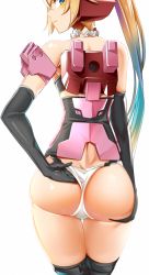 Rule 34 | 1girl, adjusting clothes, adjusting panties, ass, bare shoulders, black gloves, blonde hair, blue hair, butt crack, closed mouth, commentary request, detached collar, doko tetora, elbow gloves, frame arms girl, from behind, gloves, gradient hair, headgear, jinrai (frame arms girl), legs together, long hair, looking back, looking down, mecha musume, multicolored hair, panties, ponytail, shiny skin, simple background, solo, standing, thigh gap, thighhighs, underwear, very long hair, white background, white panties
