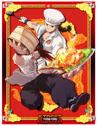 Rule 34 | 2boys, alternate costume, apron, baggy pants, bamboo steamer, braid, brothers, brown hair, capcom, character name, chef hat, chef, copyright name, food, hat, ladle, male focus, multiple boys, osanpogakari, pants, siblings, single braid, solo focus, street fighter, street fighter iv (series), twins, waist apron, yang lee, yun lee