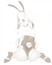 Rule 34 | 1girl, 2l (2lsize), animal ears, ass, bare shoulders, blush, braid, crown braid, fake animal ears, fishnet pantyhose, fishnets, french braid, full body, greyscale, hair ribbon, hairband, high heels, highres, leotard, long hair, looking at viewer, looking back, monochrome, open mouth, original, pantyhose, playboy bunny, rabbit ears, rabbit tail, ribbon, round eyewear, solo, tail, very long hair, wavy hair