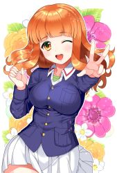 Rule 34 | 1girl, ;d, blue jacket, blunt bangs, commentary, floral background, girls und panzer, green shirt, highres, jacket, long hair, long sleeves, looking at viewer, military, military uniform, miniskirt, one eye closed, ooarai military uniform, open mouth, orange eyes, orange hair, outline, pleated skirt, shirt, skirt, smile, solo, sparkle, standing, takebe saori, uniform, uzura (moimoi), w, white outline, white skirt