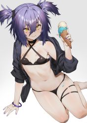 Rule 34 | 1girl, absurdres, barefoot, bikini, black bikini, breasts, chyko7080, food, food on face, hair between eyes, highres, ice cream, jacket, medium hair, nail polish, navel, original, purple hair, purple nails, sitting, small breasts, smile, solo, swimsuit, thigh strap, two side up, yellow eyes