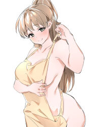 Rule 34 | 1girl, apron, bare shoulders, blush, breasts, brown hair, closed mouth, collarbone, cowboy shot, green eyes, hand up, highres, idolmaster, idolmaster cinderella girls, idolmaster cinderella girls starlight stage, karan, large breasts, long hair, looking at viewer, makihara shiho, naked apron, ponytail, shy, sideboob, simple background, smile, solo, standing, strap pull, white background, yellow apron