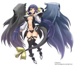 Rule 34 | 1girl, :o, ahoge, ankle boots, arc system works, asymmetrical wings, bare shoulders, black panties, black thighhighs, blue hair, blush, boots, breasts, breasts apart, buckle, buttons, center opening, choker, cross-laced clothes, demon girl, detached sleeves, dizzy (guilty gear), evil grin, evil smile, full body, grin, guilty gear, guilty gear x, guilty gear xx, hair ribbon, hair rings, half updo, hand on own chest, hood, kimura shigetaka, legs, long hair, looking at viewer, medium breasts, navel, necro (guilty gear), no bra, open mouth, panties, puffy detached sleeves, puffy sleeves, red eyes, ribbon, simple background, skeleton, sleeves past wrists, smile, standing, tail, tail ornament, tail ribbon, thigh gap, thigh strap, thighhighs, twintails, underboob, underwear, undine (guilty gear), very long hair, watermark, web address, white background, wings