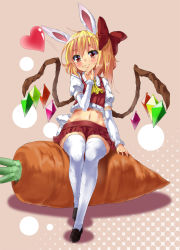 Rule 34 | 1girl, adapted costume, alternate costume, animal ears, ascot, blonde hair, bow, carrot, crop top, embodiment of scarlet devil, female focus, flandre scarlet, hair bow, heart, index finger raised, kemonomimi mode, looking at viewer, mamedenkyuu (berun), midriff, miniskirt, navel, no headwear, no headwear, oversized object, rabbit ears, red eyes, short hair, side ponytail, sitting, sitting on object, skirt, smile, solo, thighhighs, touhou, white thighhighs, wings, zettai ryouiki