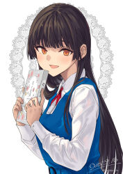 1girl belt black_hair blue_belt blue_dress book brown_eyes dated dress dress_shirt highres hiwatari_rin holding holding_book long_hair long_sleeves looking_at_viewer open_mouth original pinafore_dress school_uniform shirt sleeveless sleeveless_dress solo translation_request twitter_username upper_body white_background white_shirt