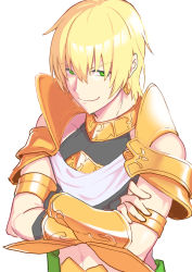 Rule 34 | 1boy, absurdres, artist request, blonde hair, bracelet, clothing cutout, crossed arms, earrings, fate/grand order, fate (series), fingerless gloves, gloves, green eyes, grin, highres, jason (fate), jewelry, male focus, navel cutout, necklace, short hair, smile, solo, vambraces, white background