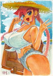 Rule 34 | :d, ass, bad id, bad pixiv id, bare shoulders, bikini, blush, braid, breasts, cleavage, covered erect nipples, cowboy shot, green bikini, hat, highleg, highres, large breasts, long hair, looking at viewer, mamorunokoto, open mouth, original, pink hair, short shorts, shorts, smile, solo, straw hat, swimsuit, very long hair