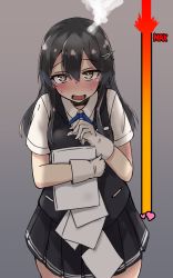 Rule 34 | 1girl, black hair, black skirt, black vest, blue ribbon, brown eyes, cowboy shot, embarrassed, gauge, gloves, grey background, hair ornament, hairclip, highres, holding, holding paper, kantai collection, looking at viewer, neck ribbon, oyashio (kancolle), paper, pleated skirt, ribbon, shirt, short sleeves, simple background, skirt, solo, steam, vest, wasumi kei, white gloves, white shirt