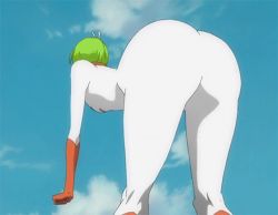 Rule 34 | 1girl, animated, animated gif, ass, ass focus, bent over, bleach, blue sky, bodysuit, boots, breasts, cloud, cropped, from behind, gloves, green eyes, huge ass, jumping, kuna mashiro, lowres, orange gloves, scarf, short hair, sky, white bodysuit, wide hips